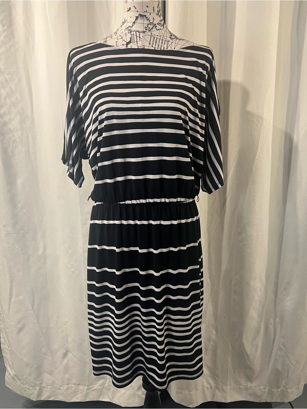 Perceptions Striped Black and White Elastic-Waist Midi Dress